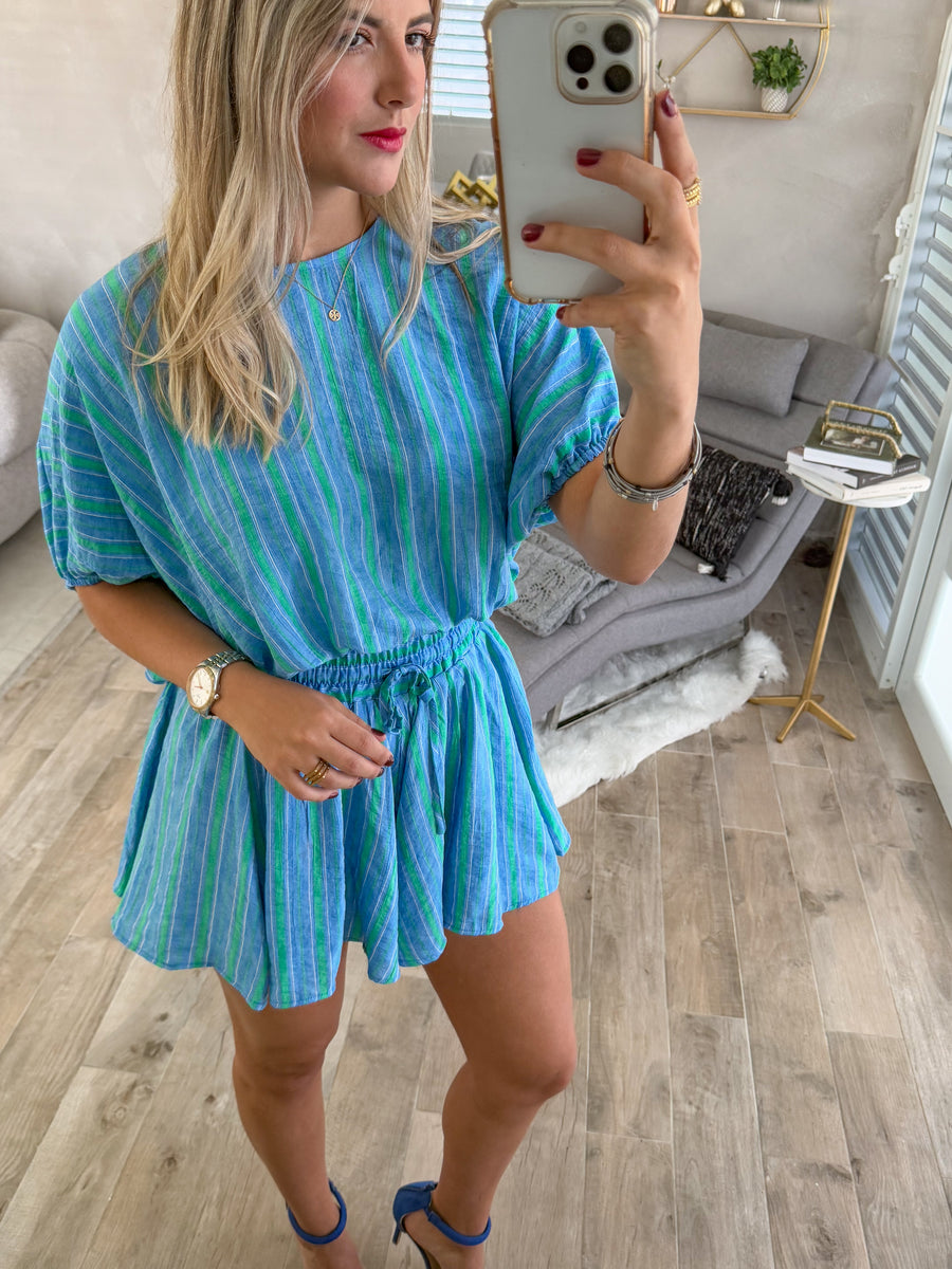 BLUE/GREEN TOP & SHORTS SET