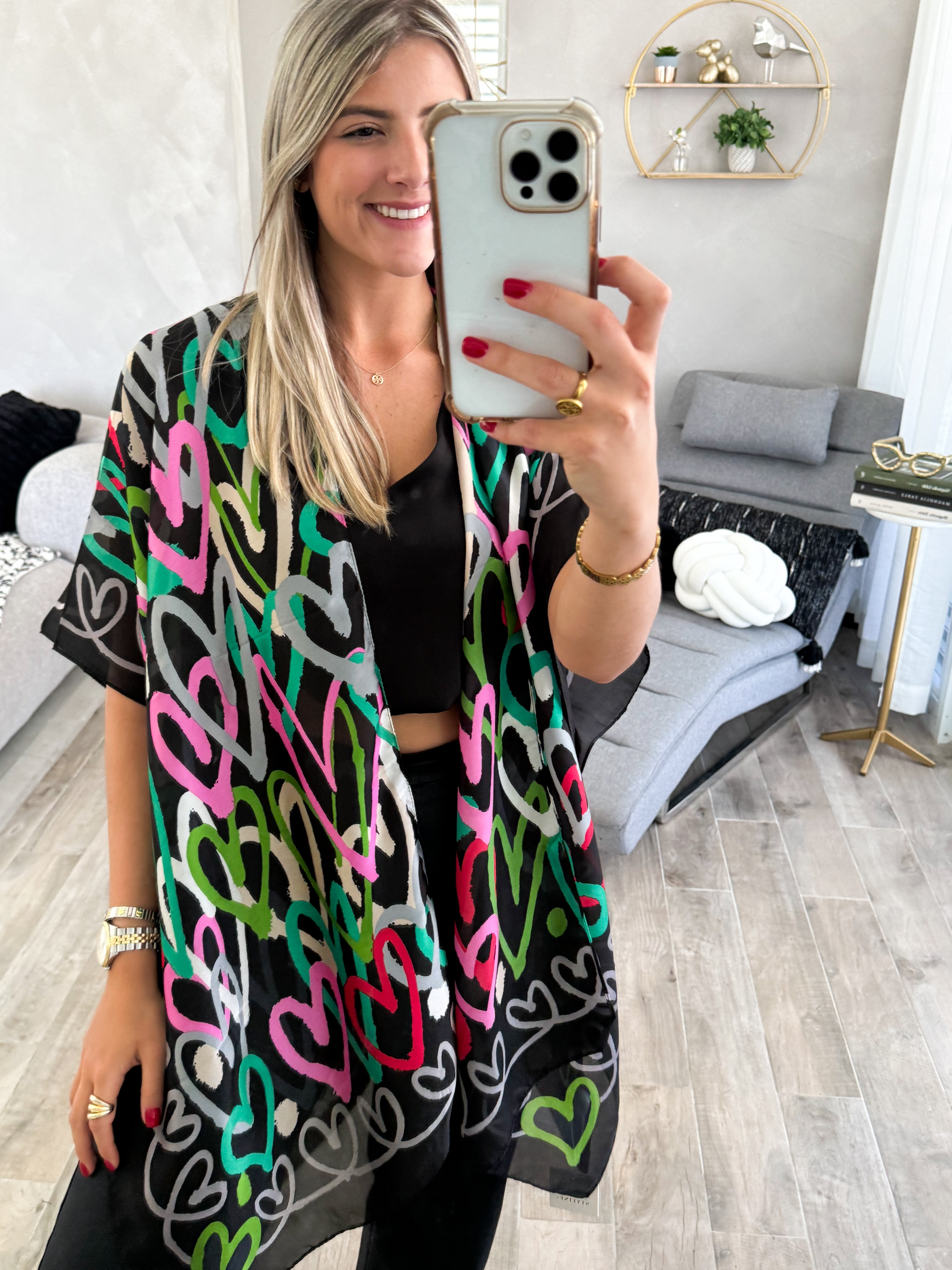 ONE SIZE HEART PRINT SILKY FEEL KIMONO