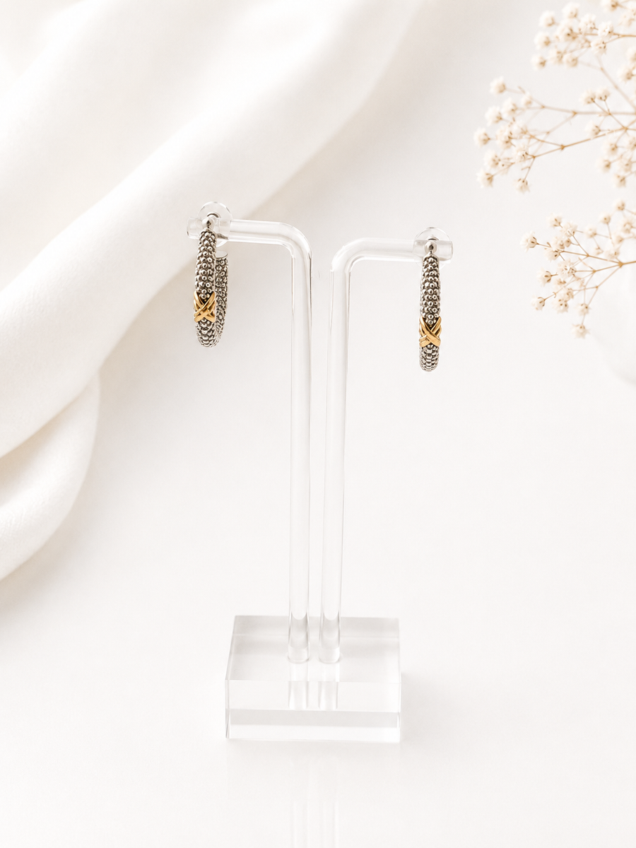 TWO TONE "X" OPEN HOOP EARRINGS