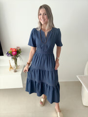 DENIM V-NECK MIDI DRESS