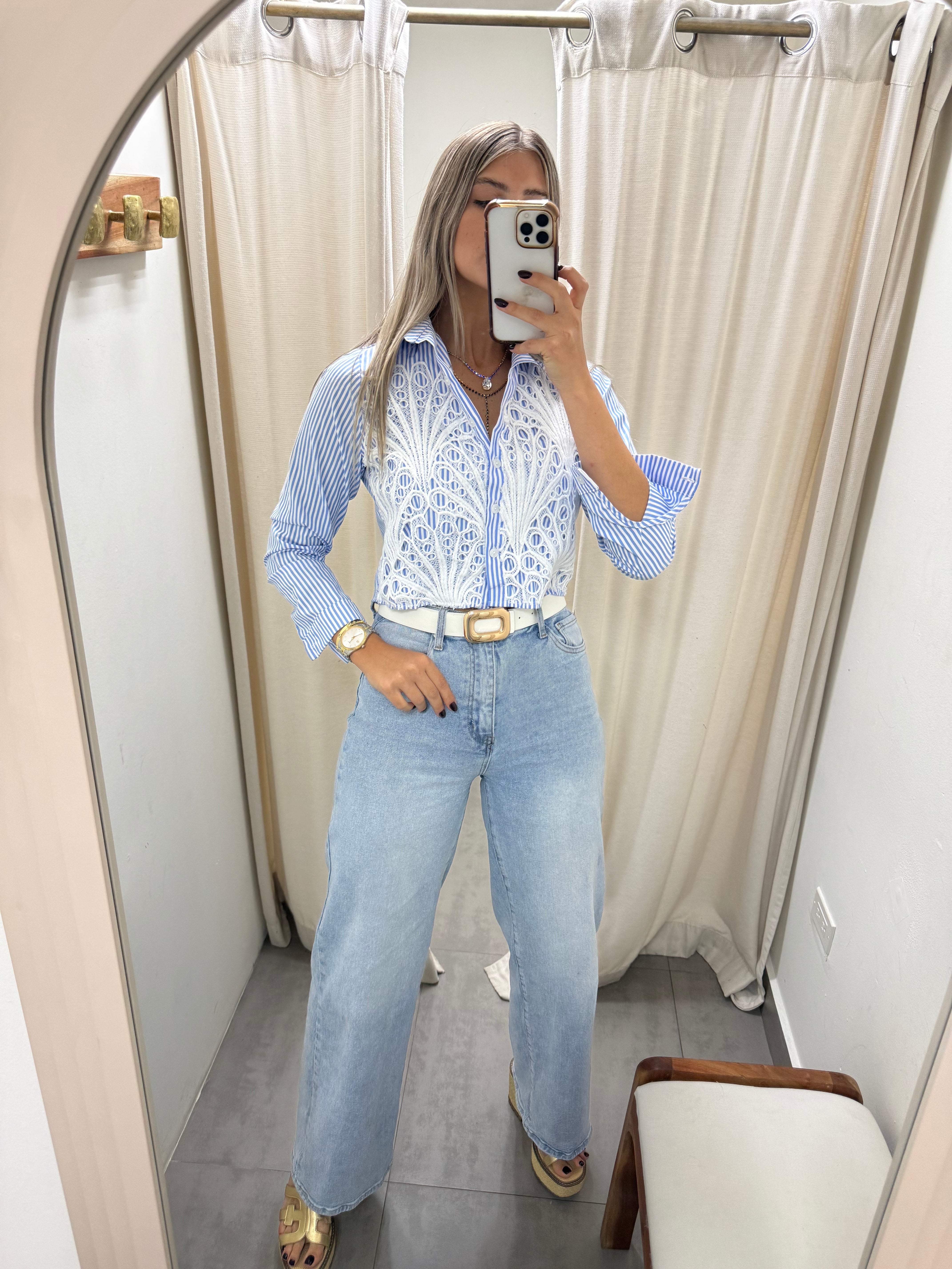 BLUE STRIPED WHITE DETAIL BLOUSE