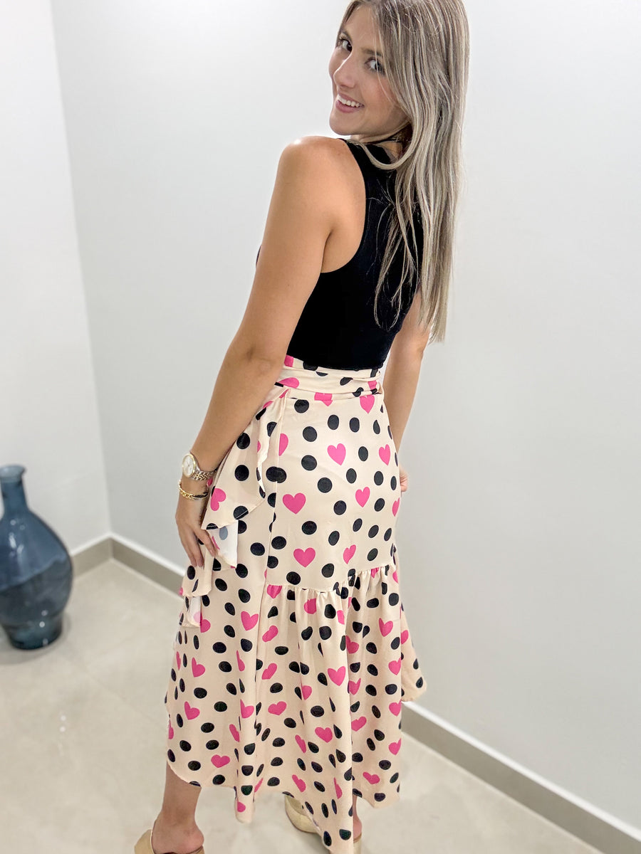 BEIGE/BLACK POLKA DOT HEART WRAP AROUND SKIRT