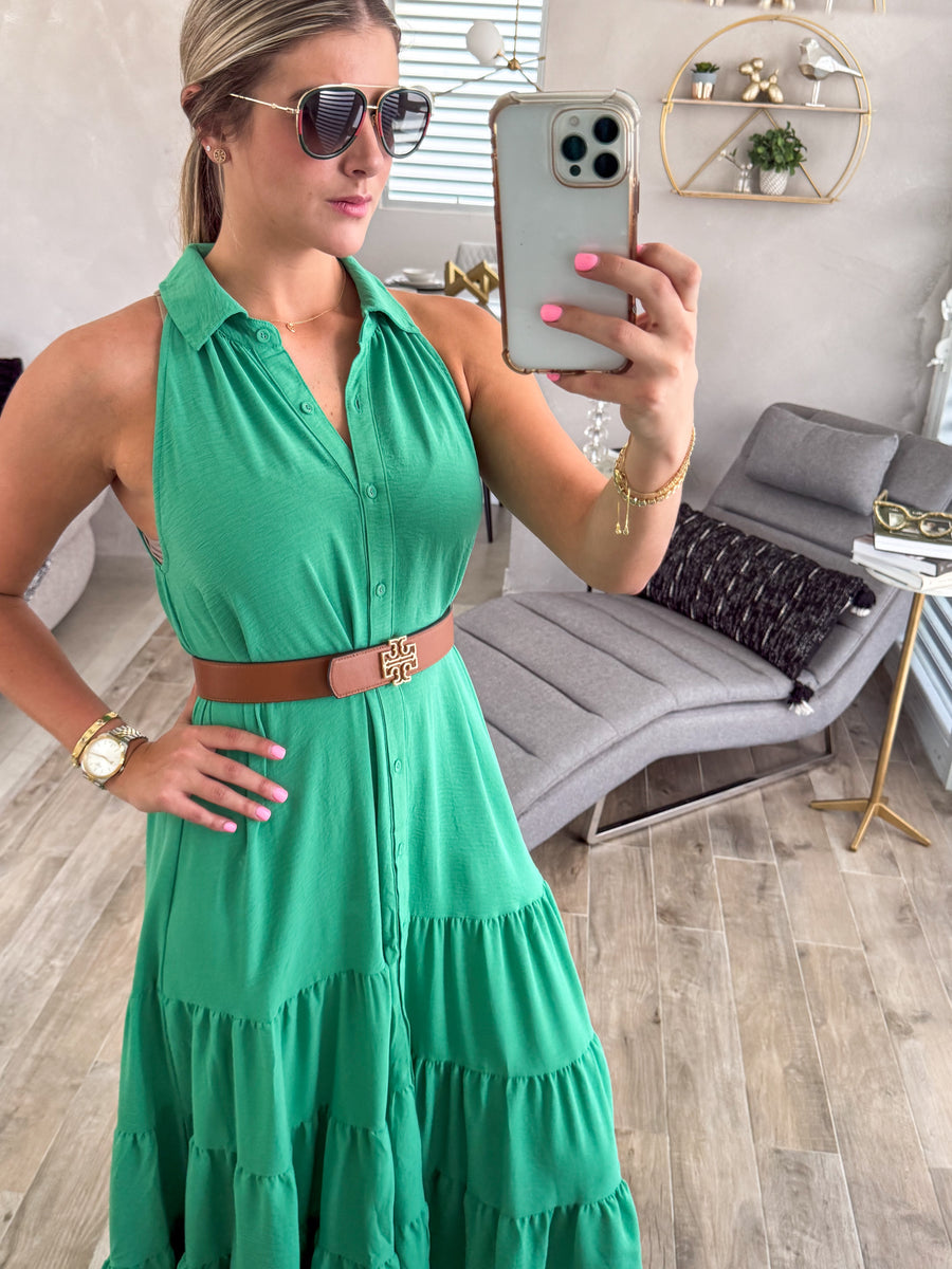 GREEN HALTER SLEEVELESS MIDI DRESS