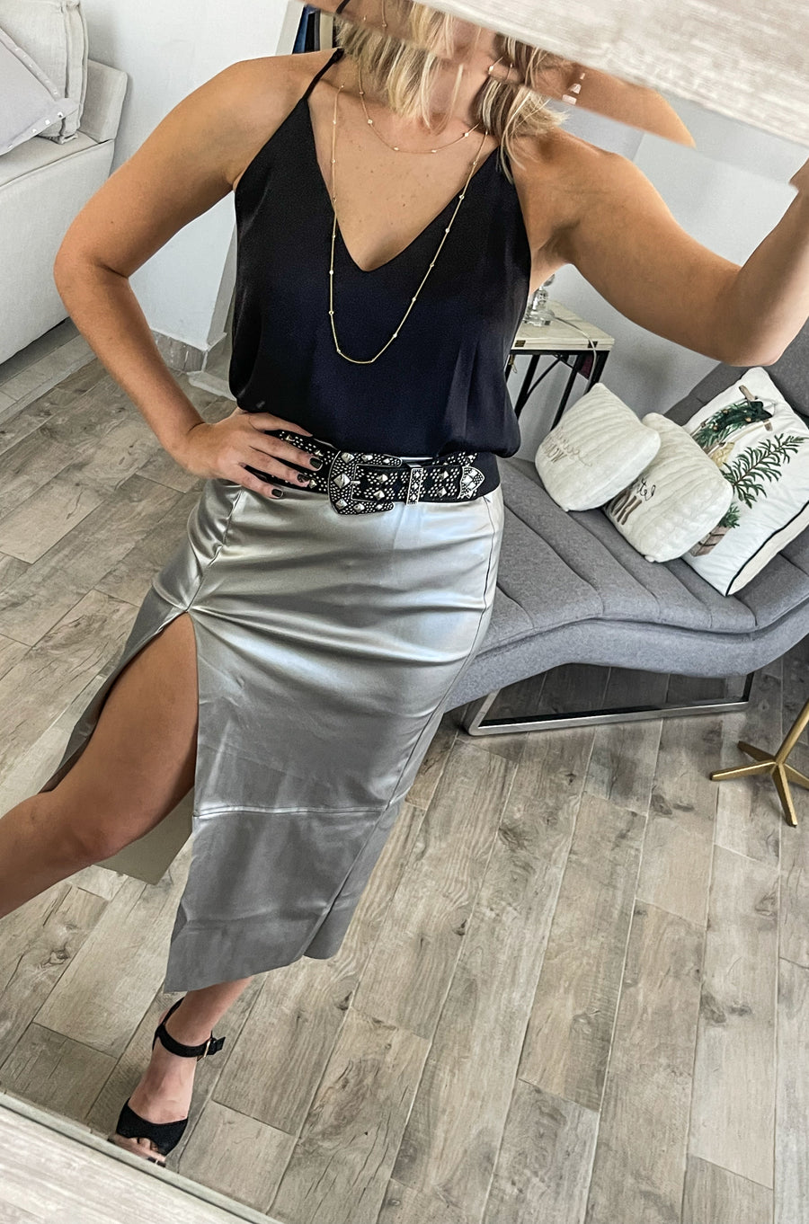 SILVER METALLIC PU LEATHER MIDI SKIRT