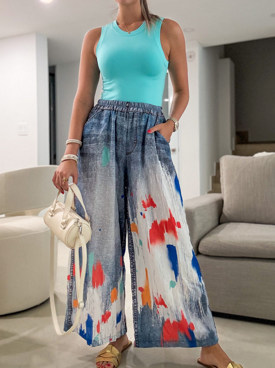 PAINT BRUSH DENIM ILLUSION PALAZZOS