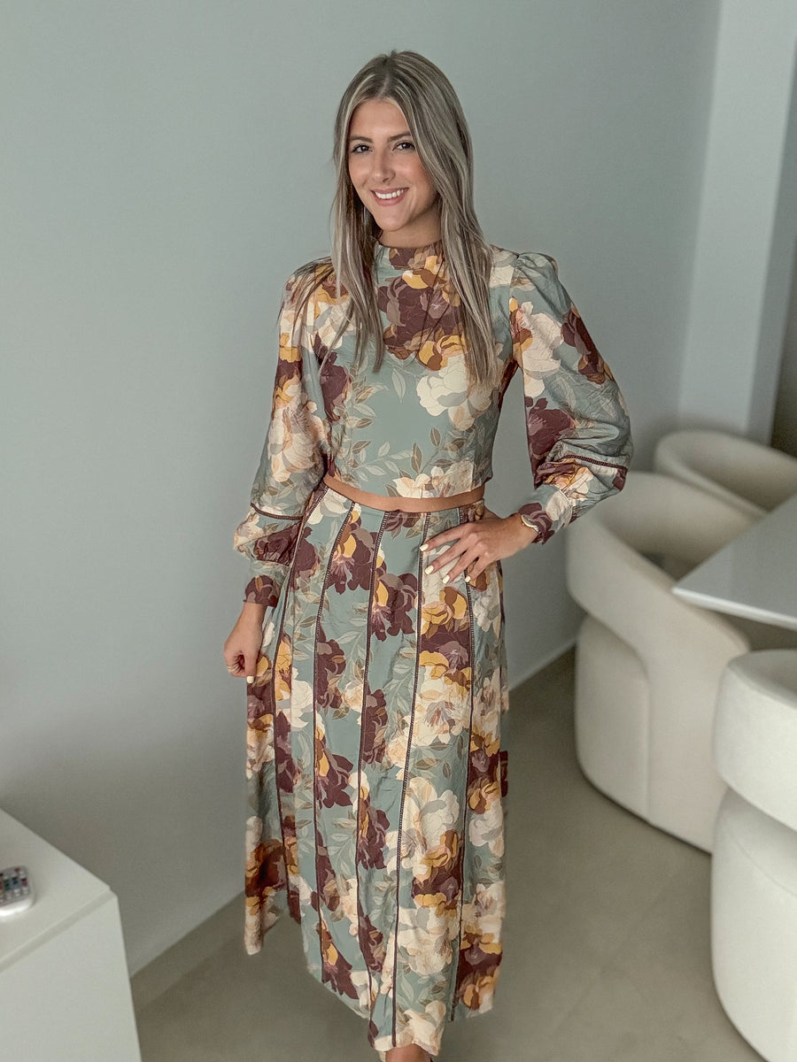 SAGE FALL PRINTED TOP & MAXI SKIRT SET