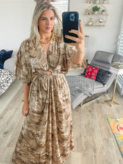 BROWN/BEIGE PRINT KIMONO SLEEVES MAXI DRESS