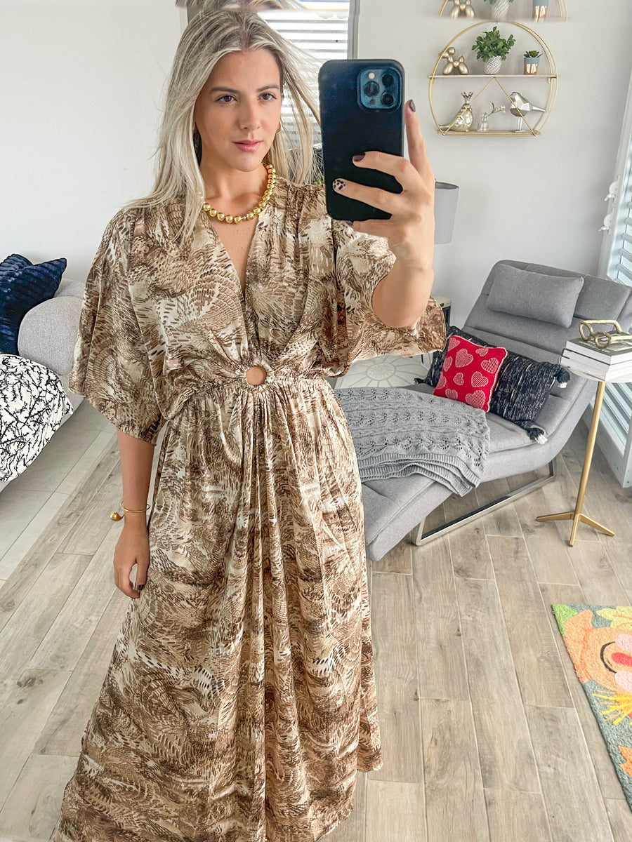 BROWN/BEIGE PRINT KIMONO SLEEVES MAXI DRESS