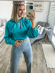 AQUA SATIN TWISTED NECK BLOUSE