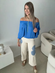 CREAM/BLUE CROCHET DETAIL PANTS