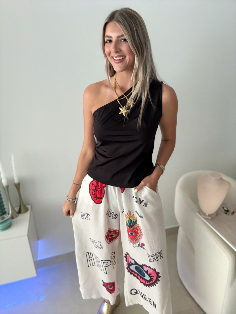 CREAM DOODLES WIDE LEG PANTS