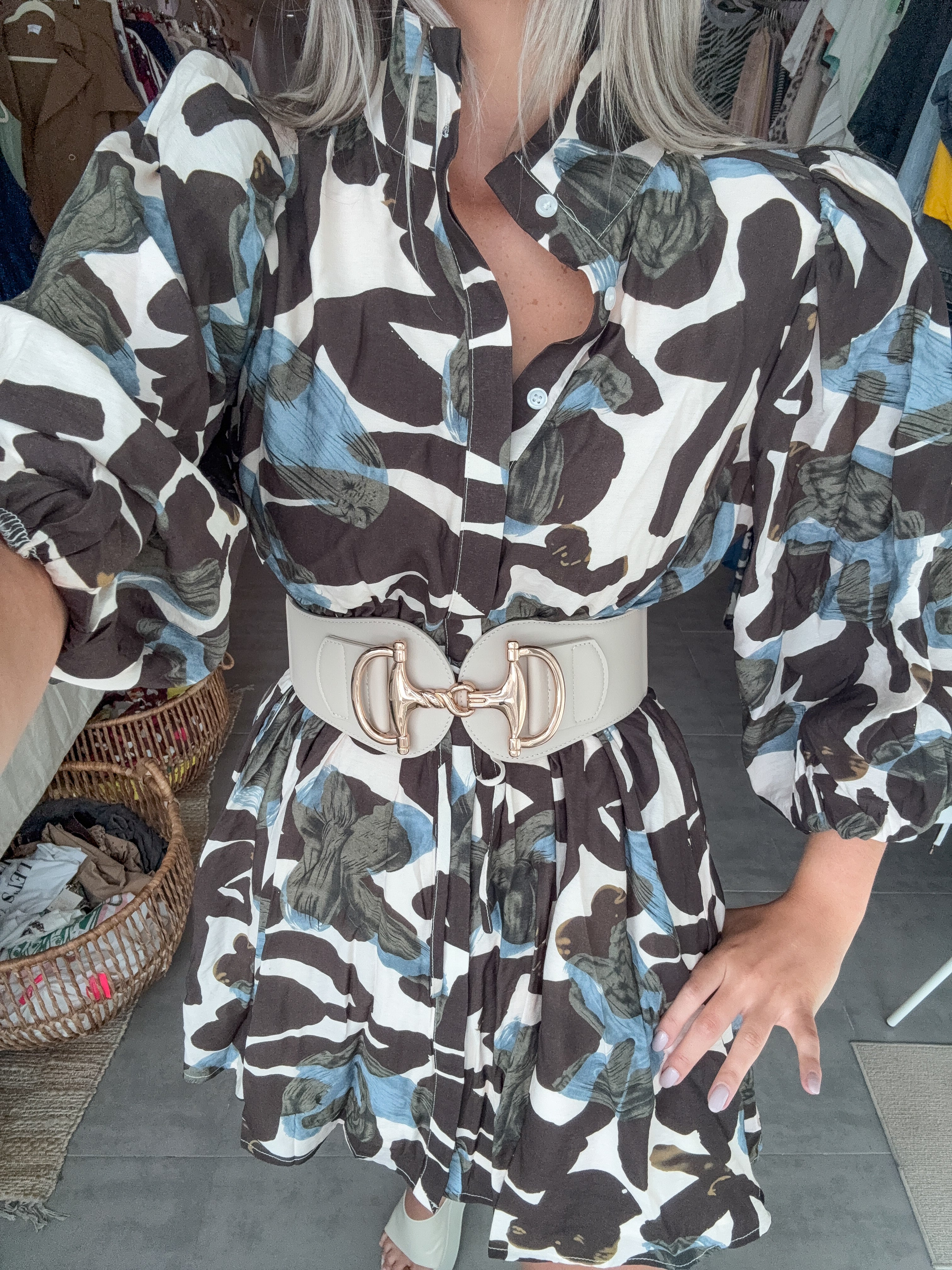 BLUE/BROWN PRINTED SHORT DRESS
