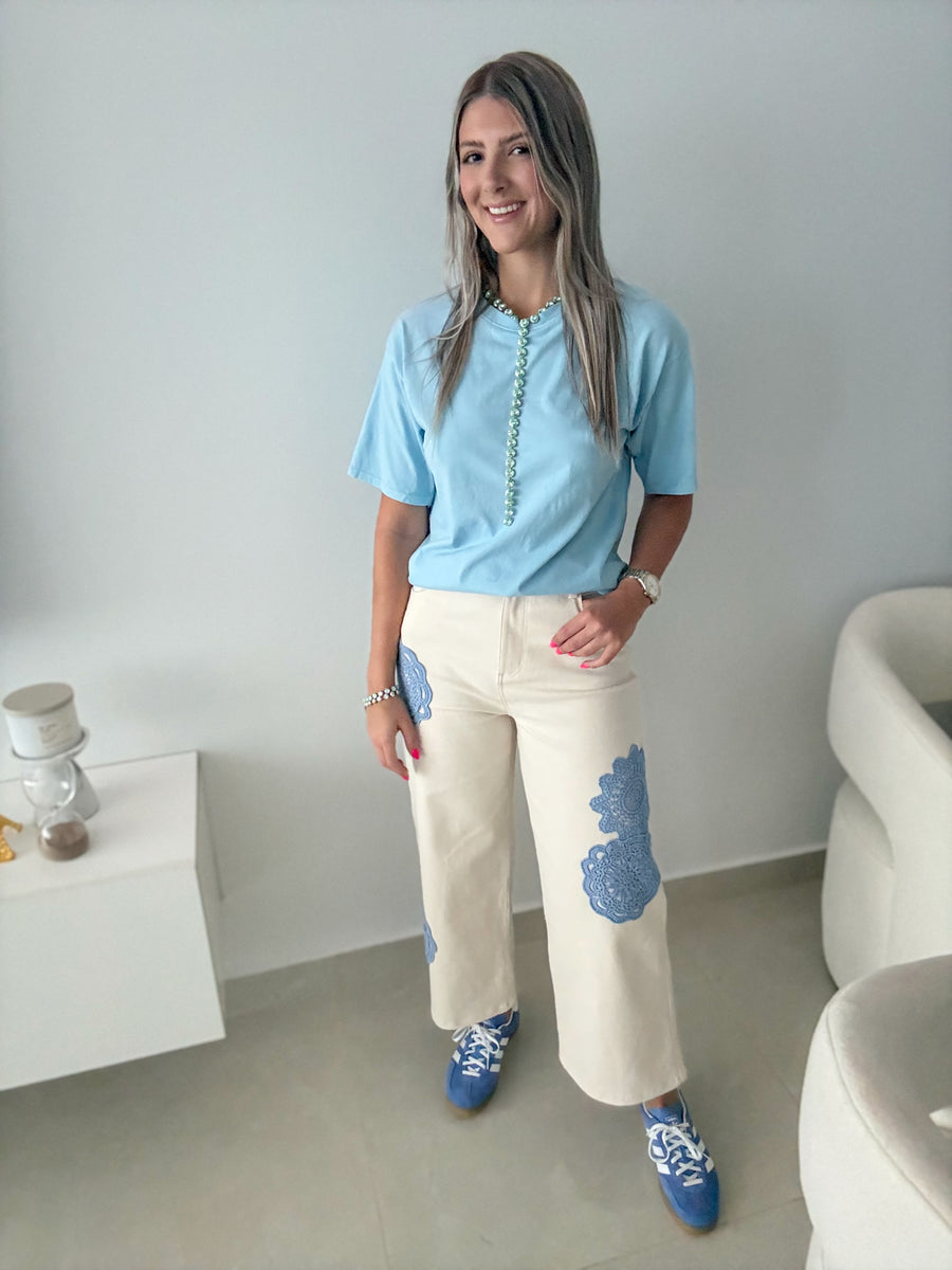 CREAM/BLUE CROCHET DETAIL PANTS