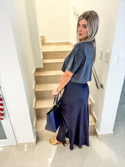 NAVY SATIN SKIRT