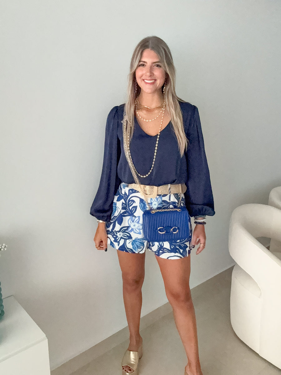 NAVY SILKY V-NECK BLOUSE