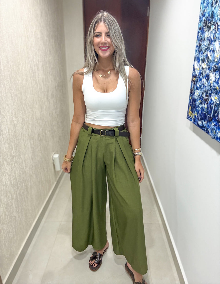 OLIVE BELTED PANTS