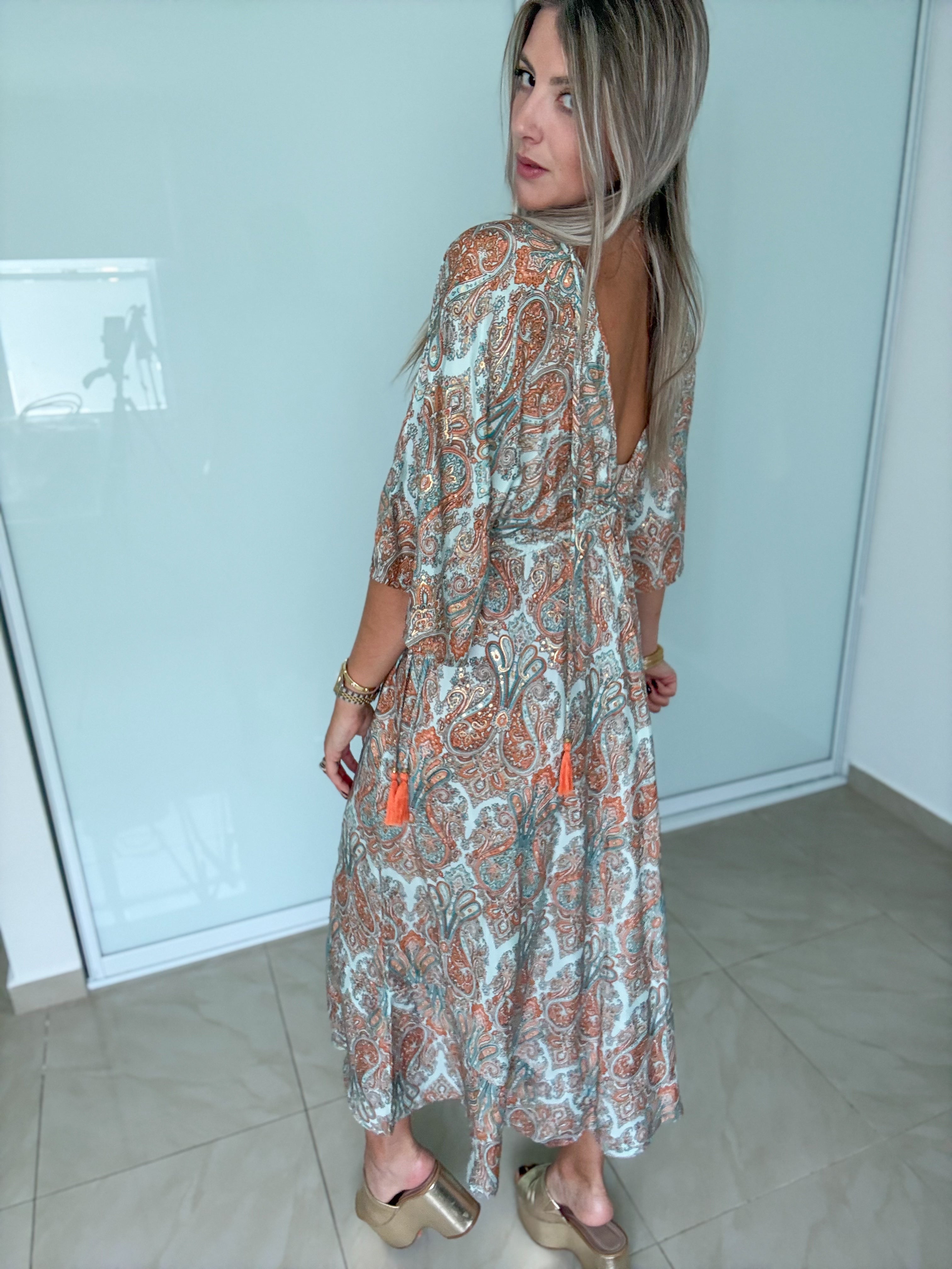 TURQUOISE/ORANGE KIMONO MIDI DRESS