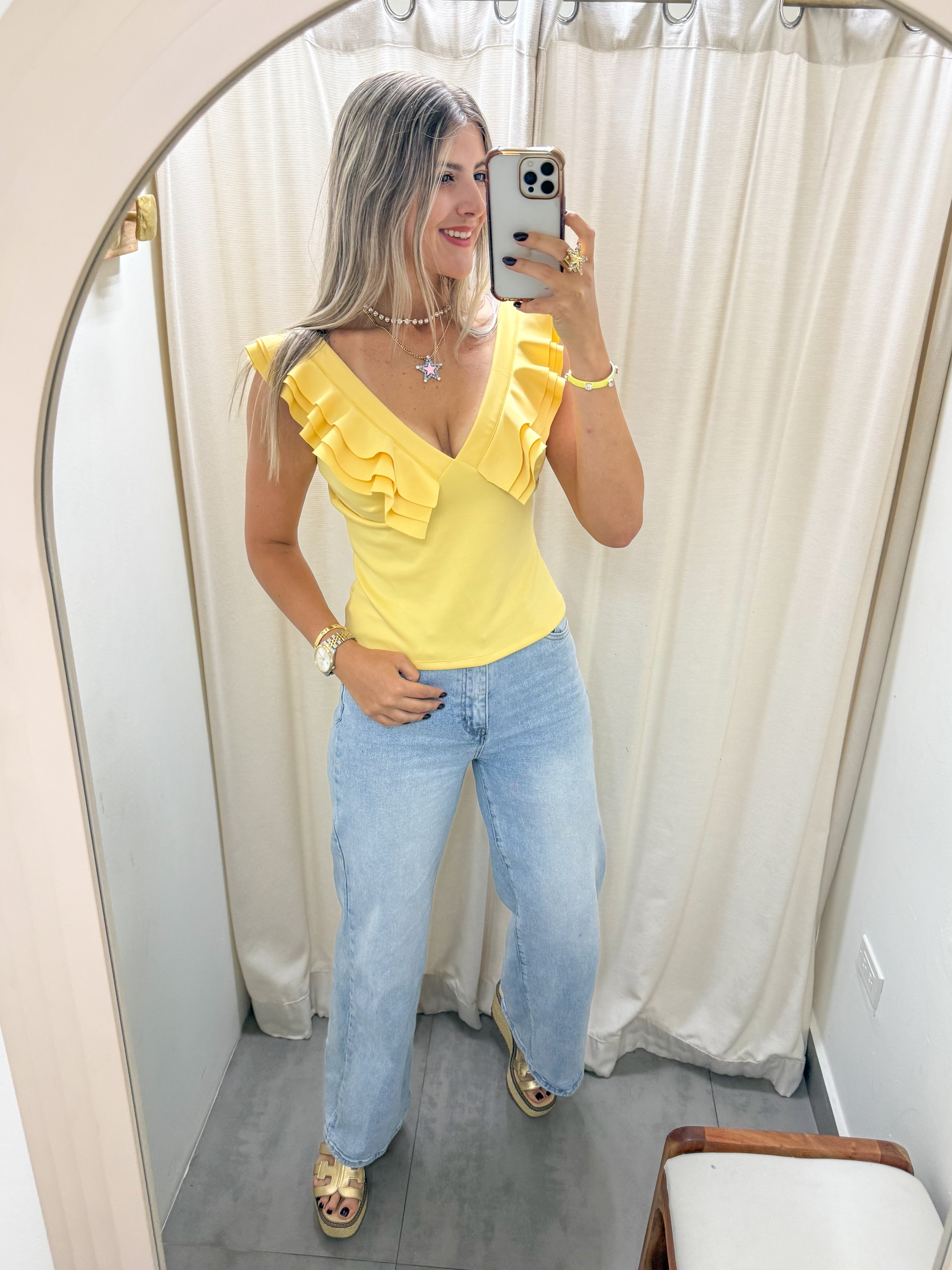 YELLOW RUFFLE V-NECK BLOUSE