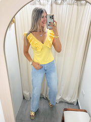YELLOW RUFFLE V-NECK BLOUSE