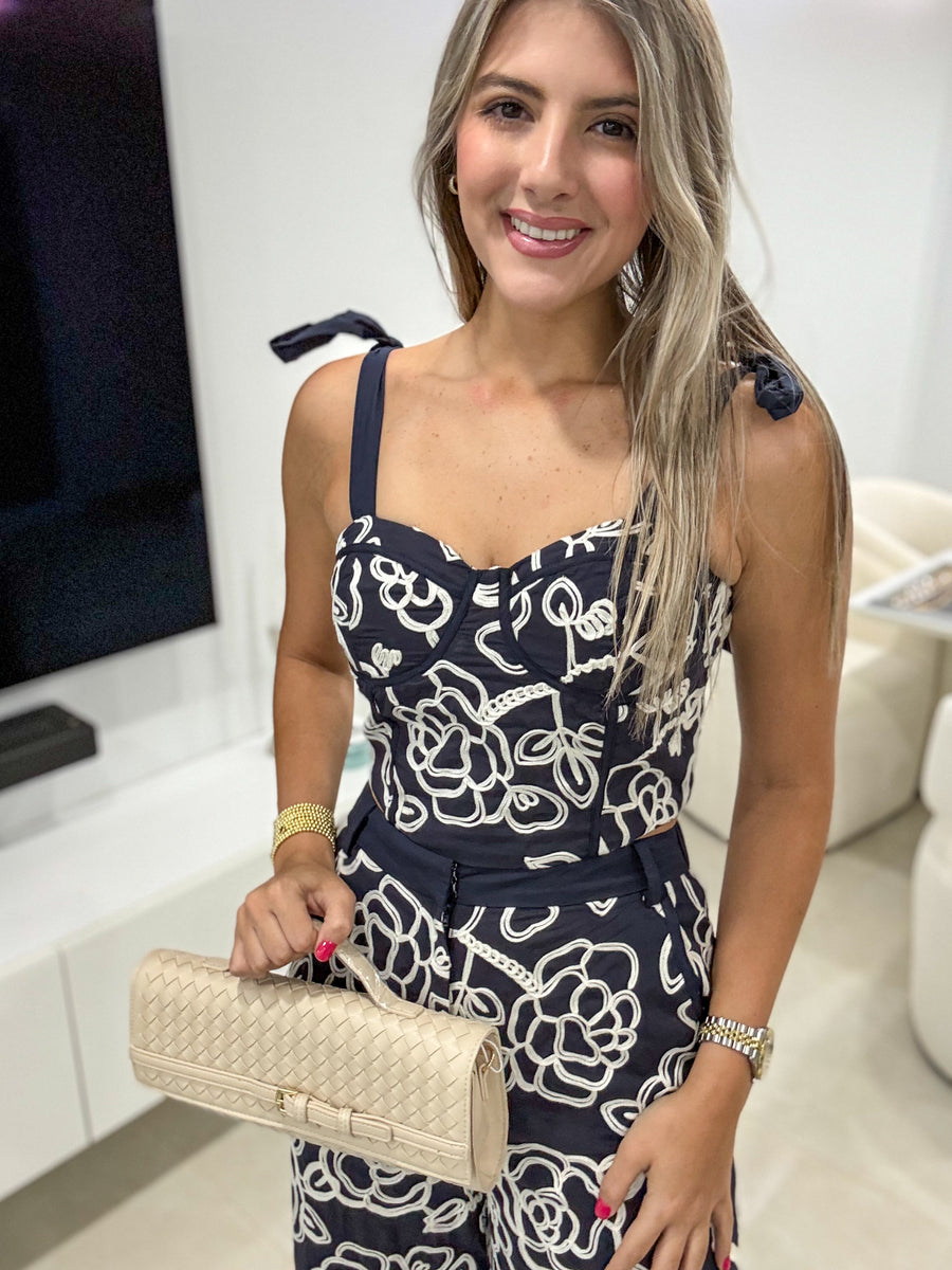 NAVY/IVORY EMBROIDED TOP & PANT SET