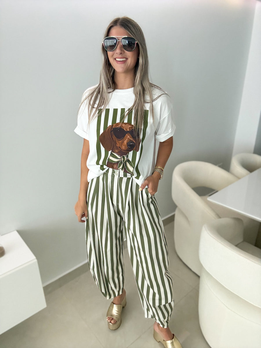 OLIVE STRIPED BARREL PANTS