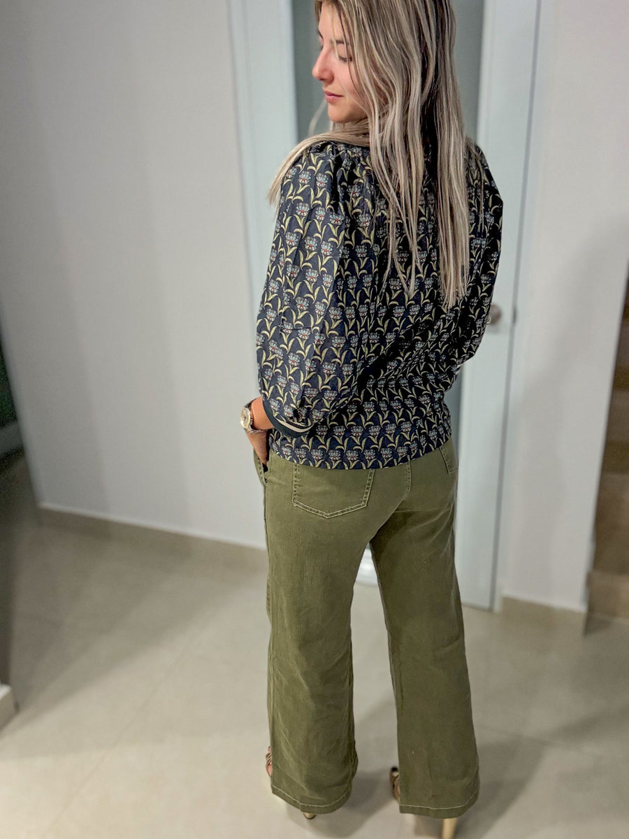 NAVY/OLIVE PRINTED BLOUSE