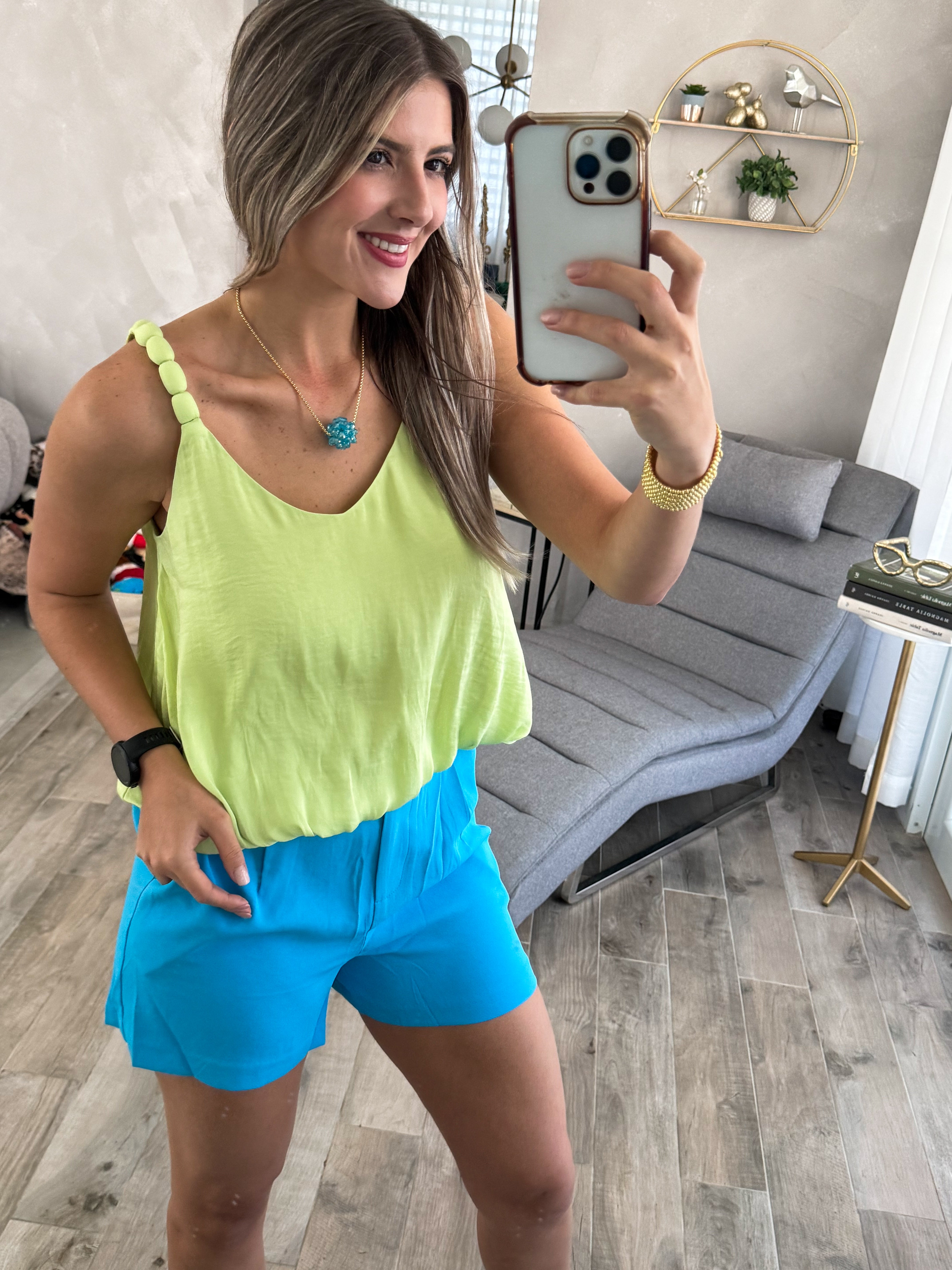 LIME GREEN SATIN ELABORATED STRAP TANK BLOUSE