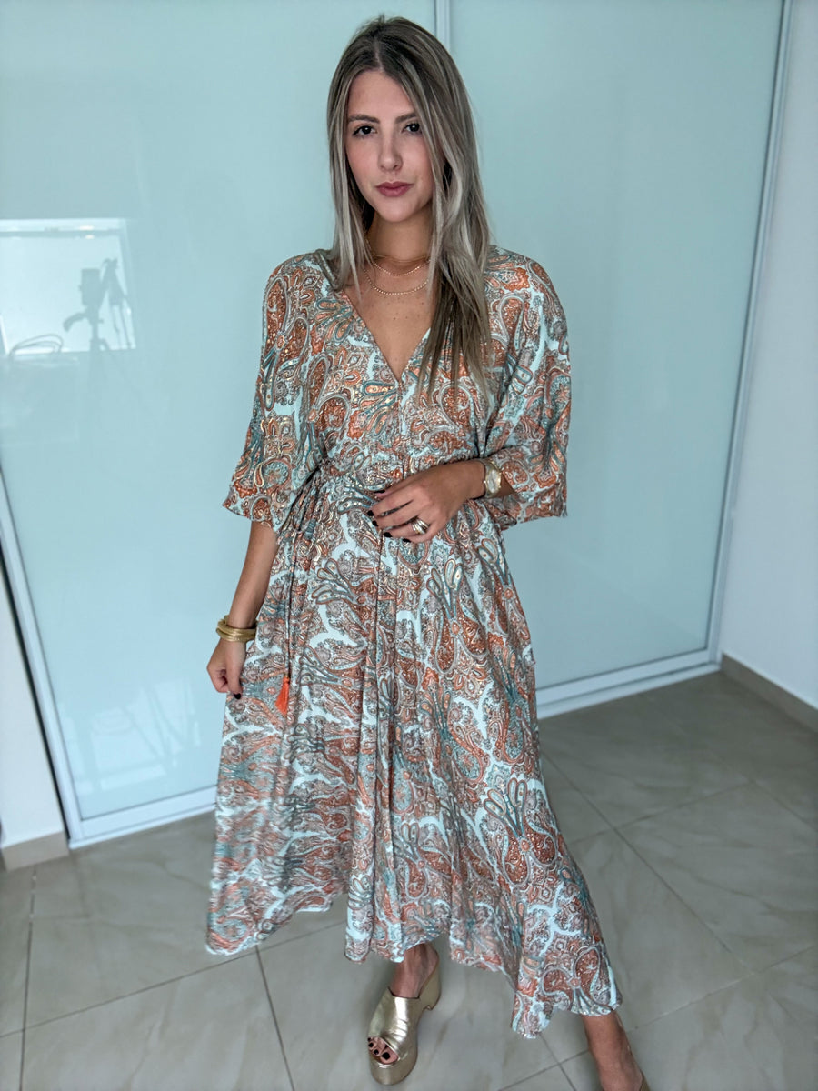 TURQUOISE/ORANGE KIMONO MIDI DRESS