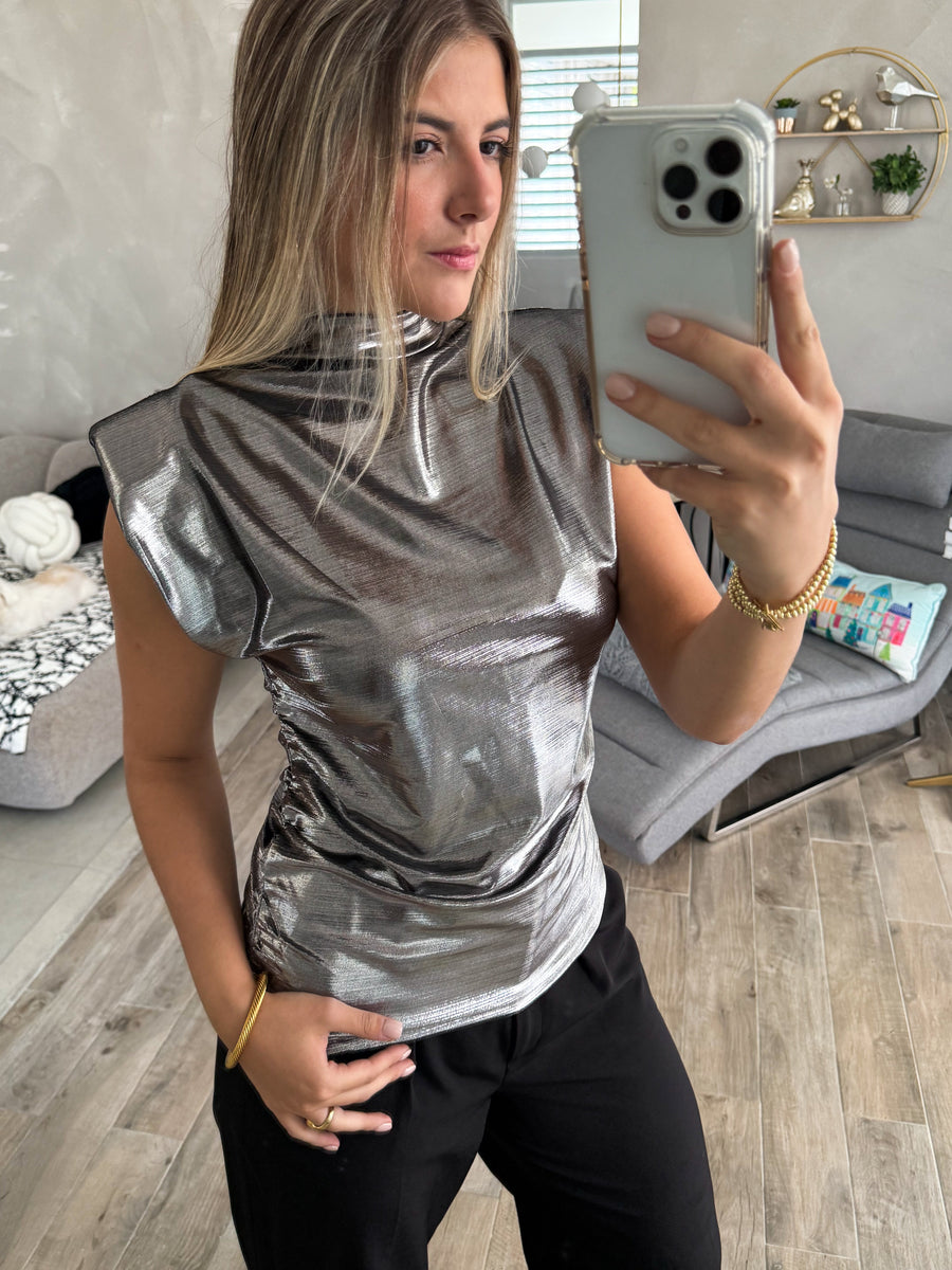 GRAY METALLIC SHOULDER PADDED TOP