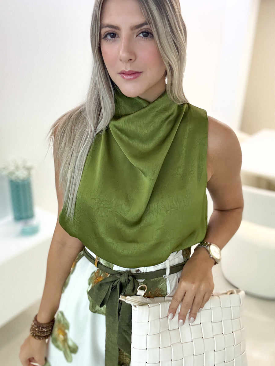 OLIVE SATIN BLOUSE