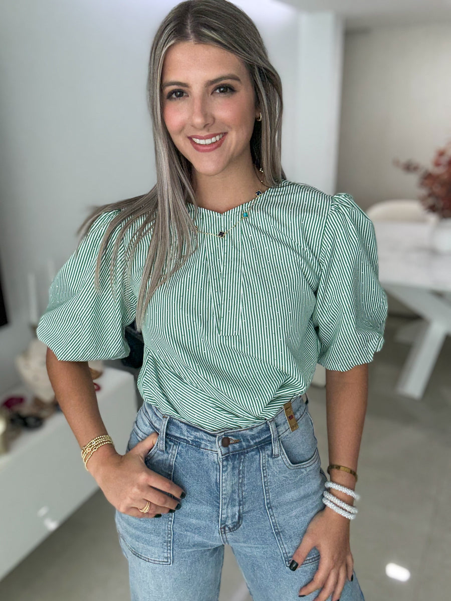 GREEN STRIPED RHINESTONES TIE-FRONT BLOUSE