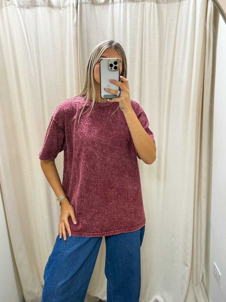 BURGUNDY LONG OVERSIZED RHINESTONES TSHIRT