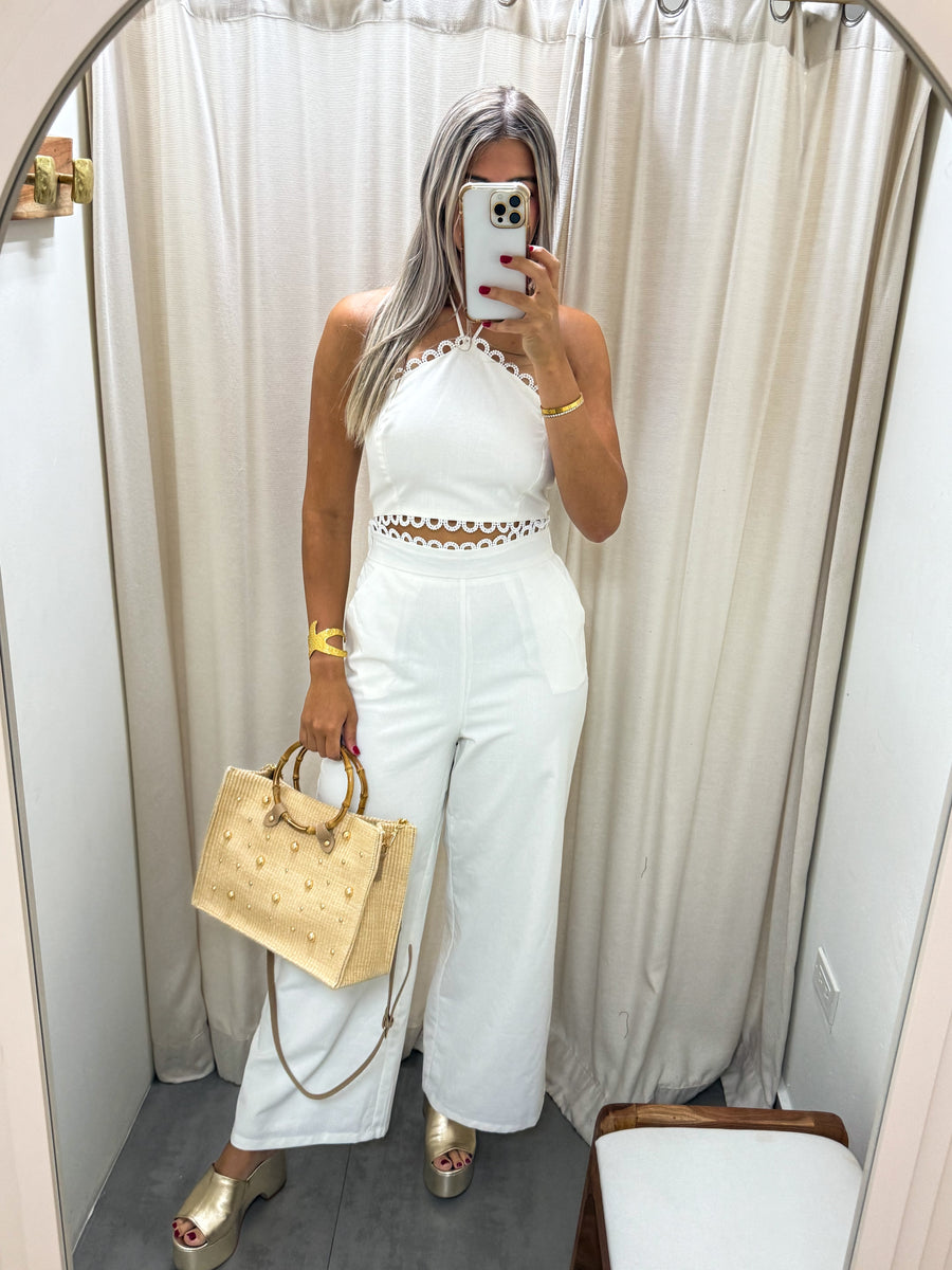 OFF WHITE LACE TRIM TOP & PANTS SET