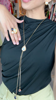 LONG GEM LARIAT NECKLACE SET IN GOLD/BLACK