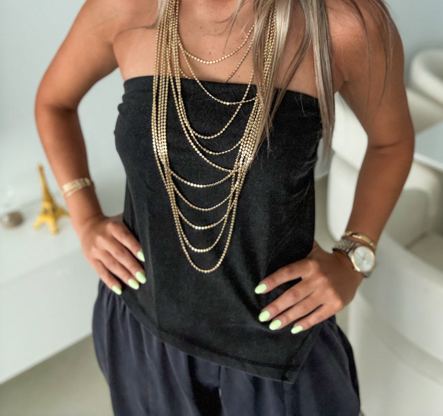 BLACK MINERAL WASH STRAPLESS ASYMMETRIC BLOUSE