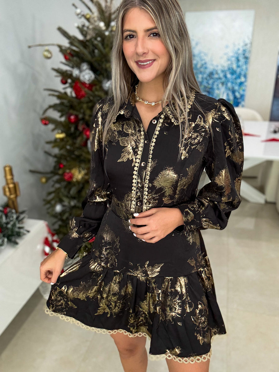 BLACK/GOLD SATIN LONG SLEEVE SHORT DRESS