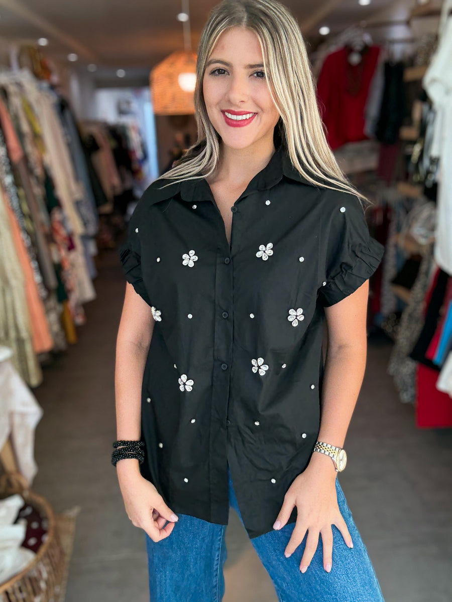 BLACK CRYSTALS BUTTONED BLOUSE