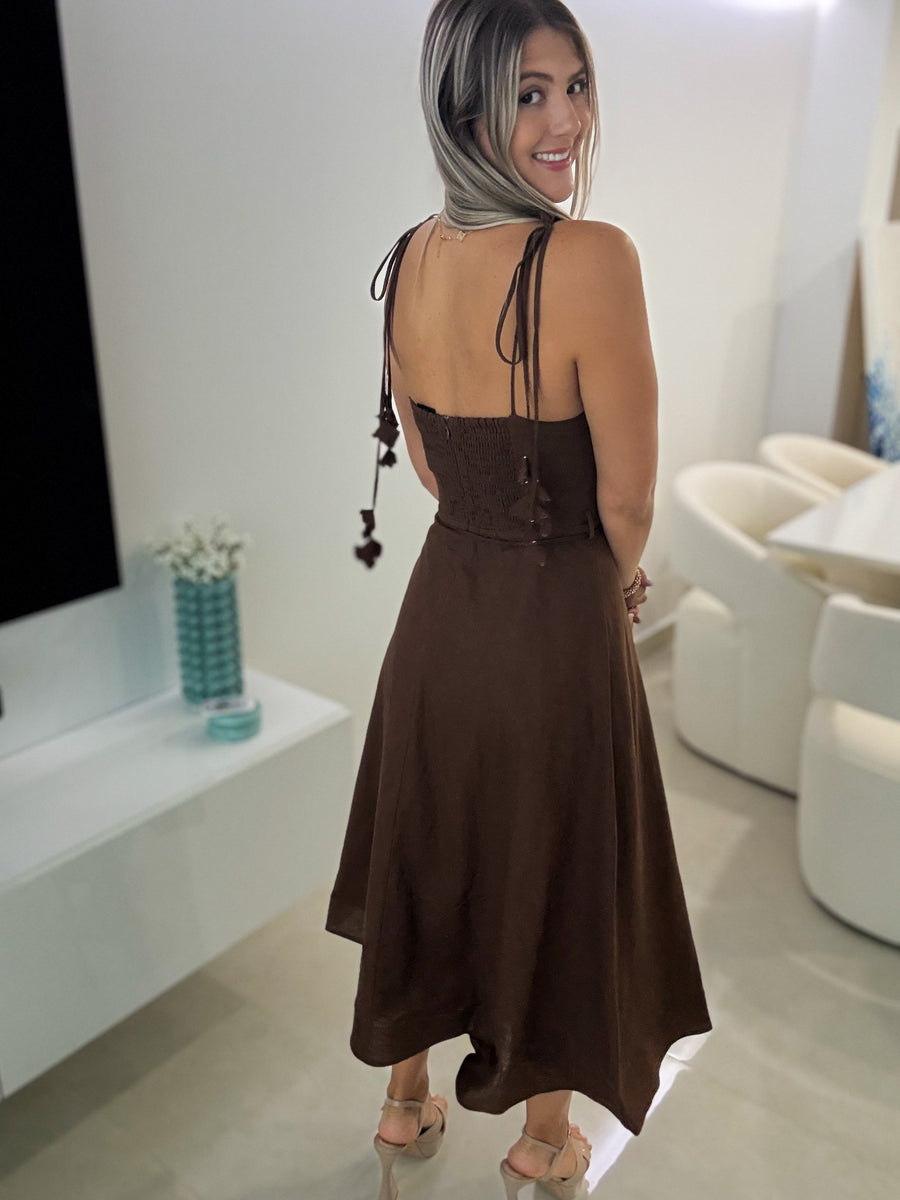 BROWN DREAMY BUSTIER MIDI DRESS