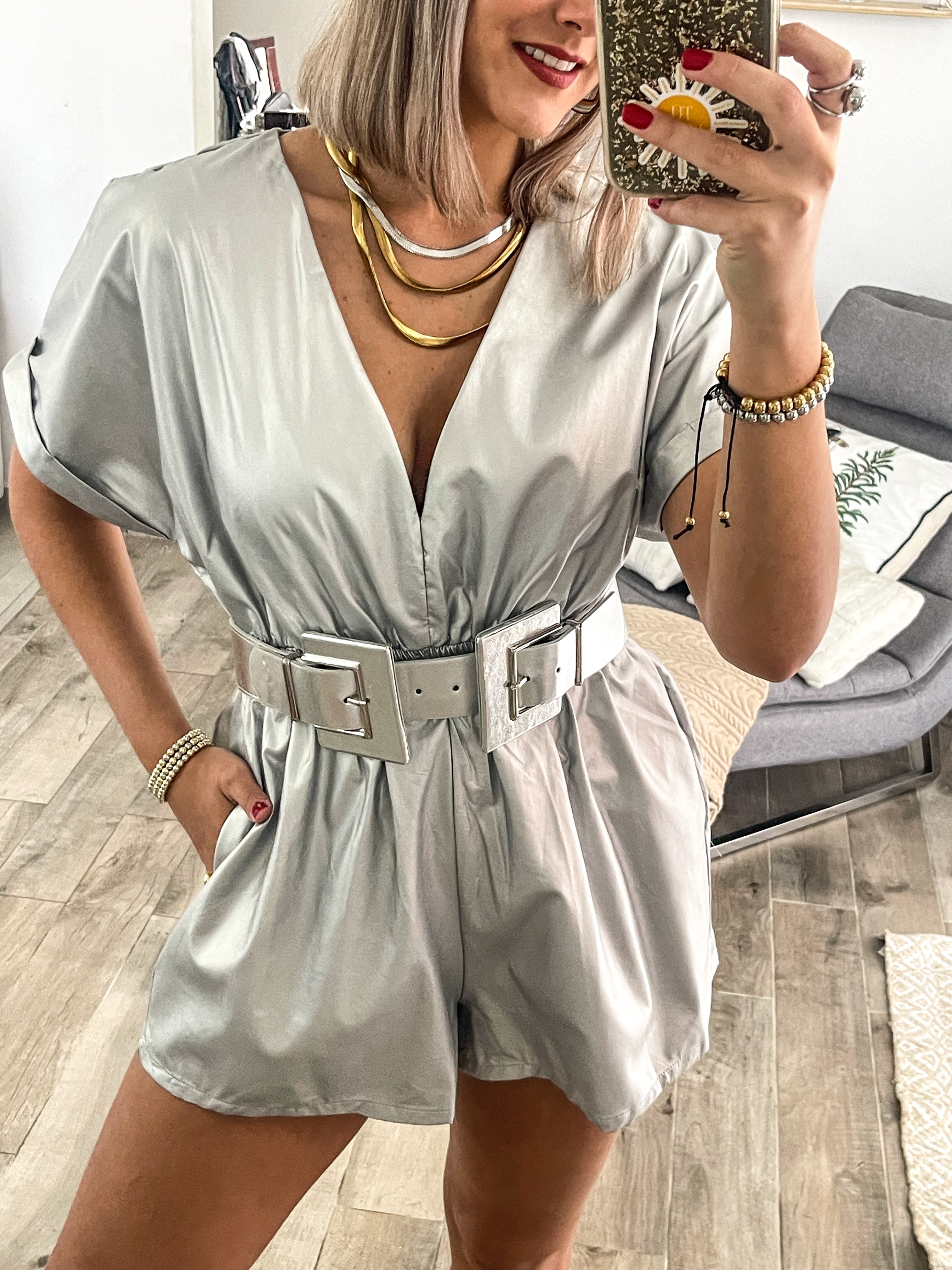 SILVER FAUX LEATHER ROMPER