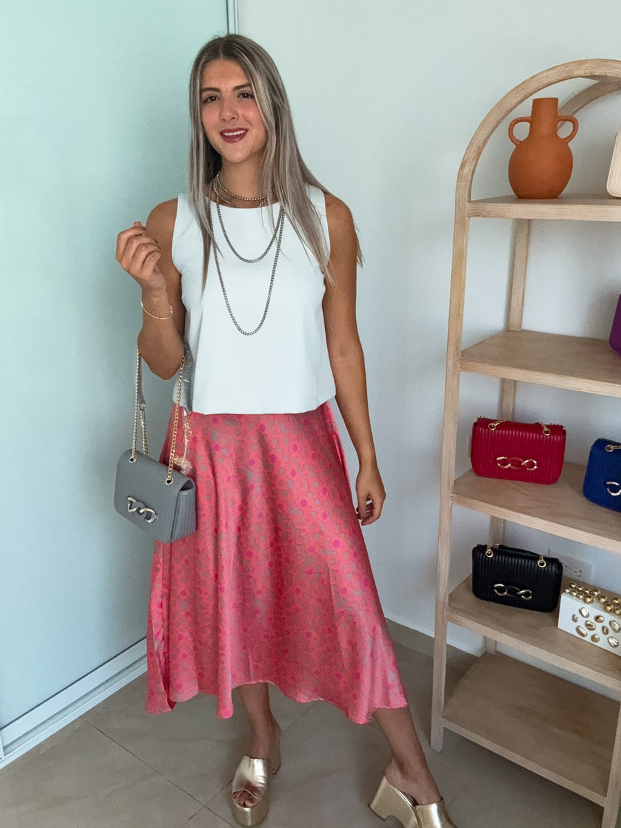 CORAL PRINTED HIGH LOW SILKY SKIRT