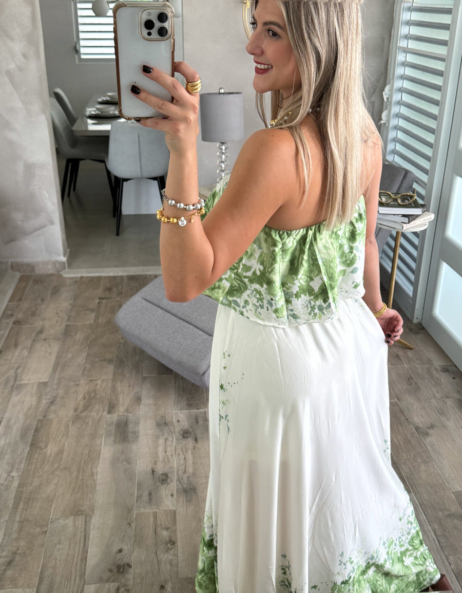 STRAPLESS GREEN/IVORY PRINTED MAXI DRESS