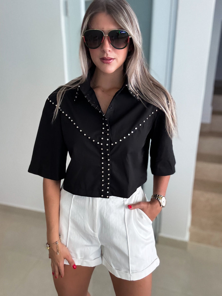 SILVER STUDDED 3/4 BUTTONED CROP BLOUSE