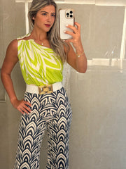 LIME/BLACK PRINT ONE SHOULDER SHIRRING JUMPSUIT