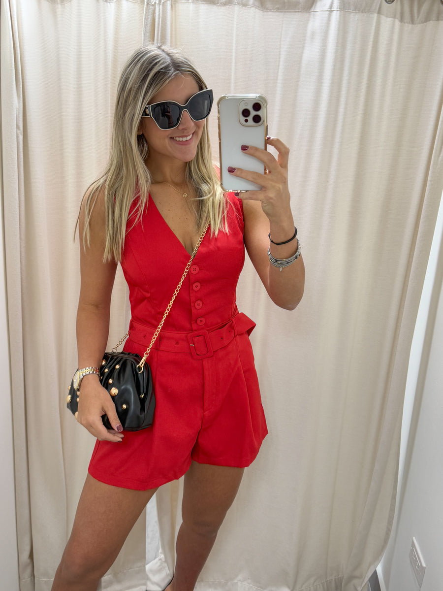 RED SLEEVELESS V-NECK ROMPER