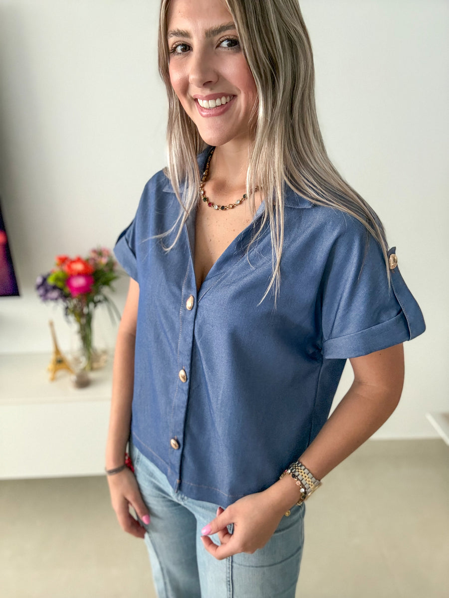 DENIM GOLD BUTTONED BLOUSE