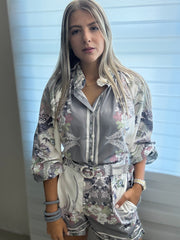 GRAY PRINTED LONG SLEEVE TOP AND SHORTS SET