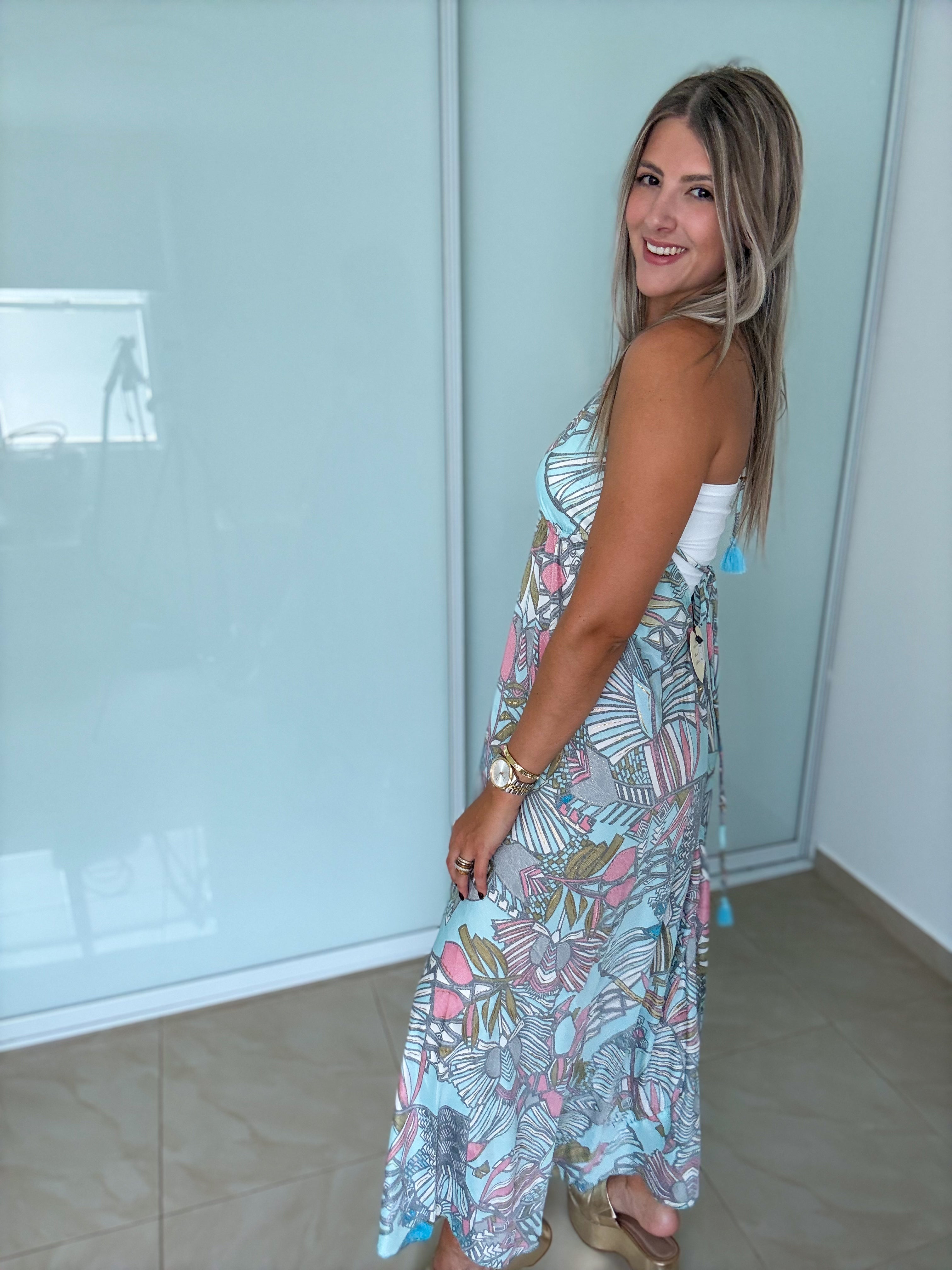 GRAY PRINTED HALTER MAXI DRESS