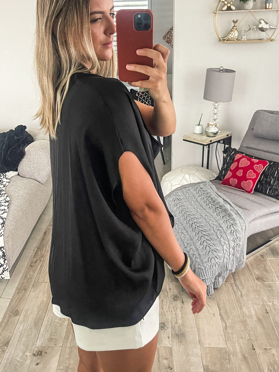 BLACK SATIN TUNIC BLOUSE