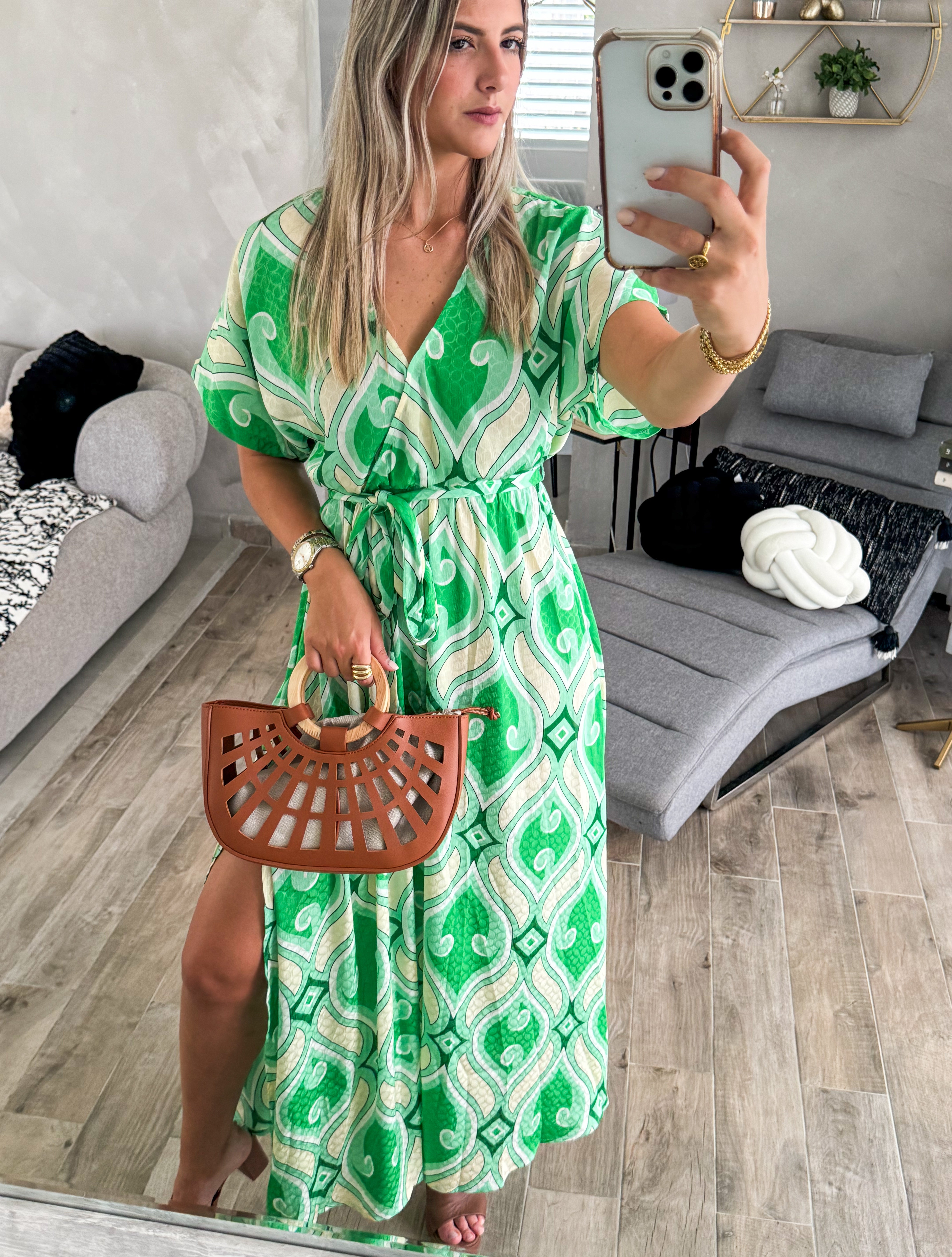 GREEN PRINT KIMONO SLEEVES MAXI DRESS