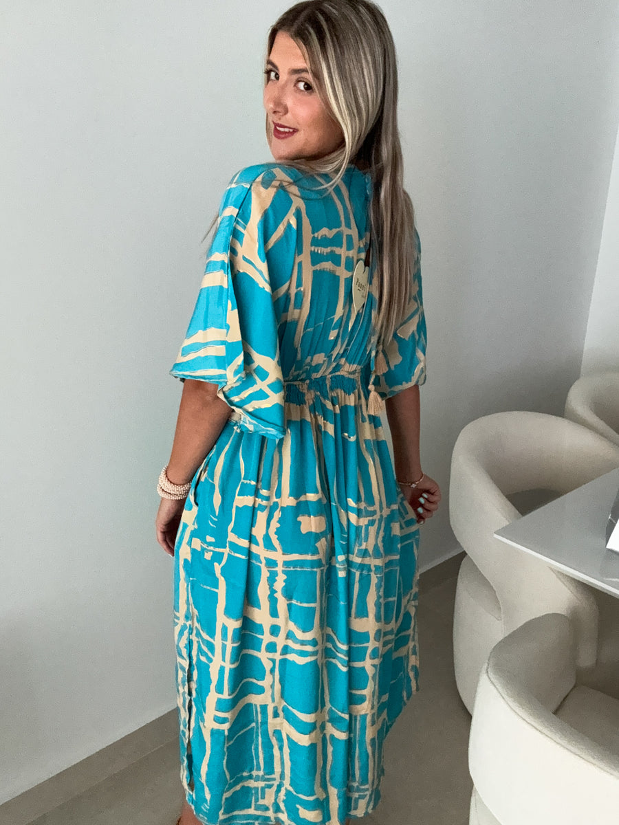 TURQUOISE/GOLD KIMONO SLEEVES DRESS